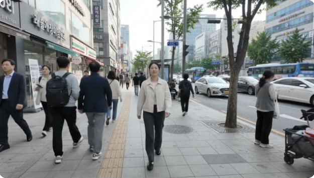 원본 회화 영상의 거리와 지나가는 사람들